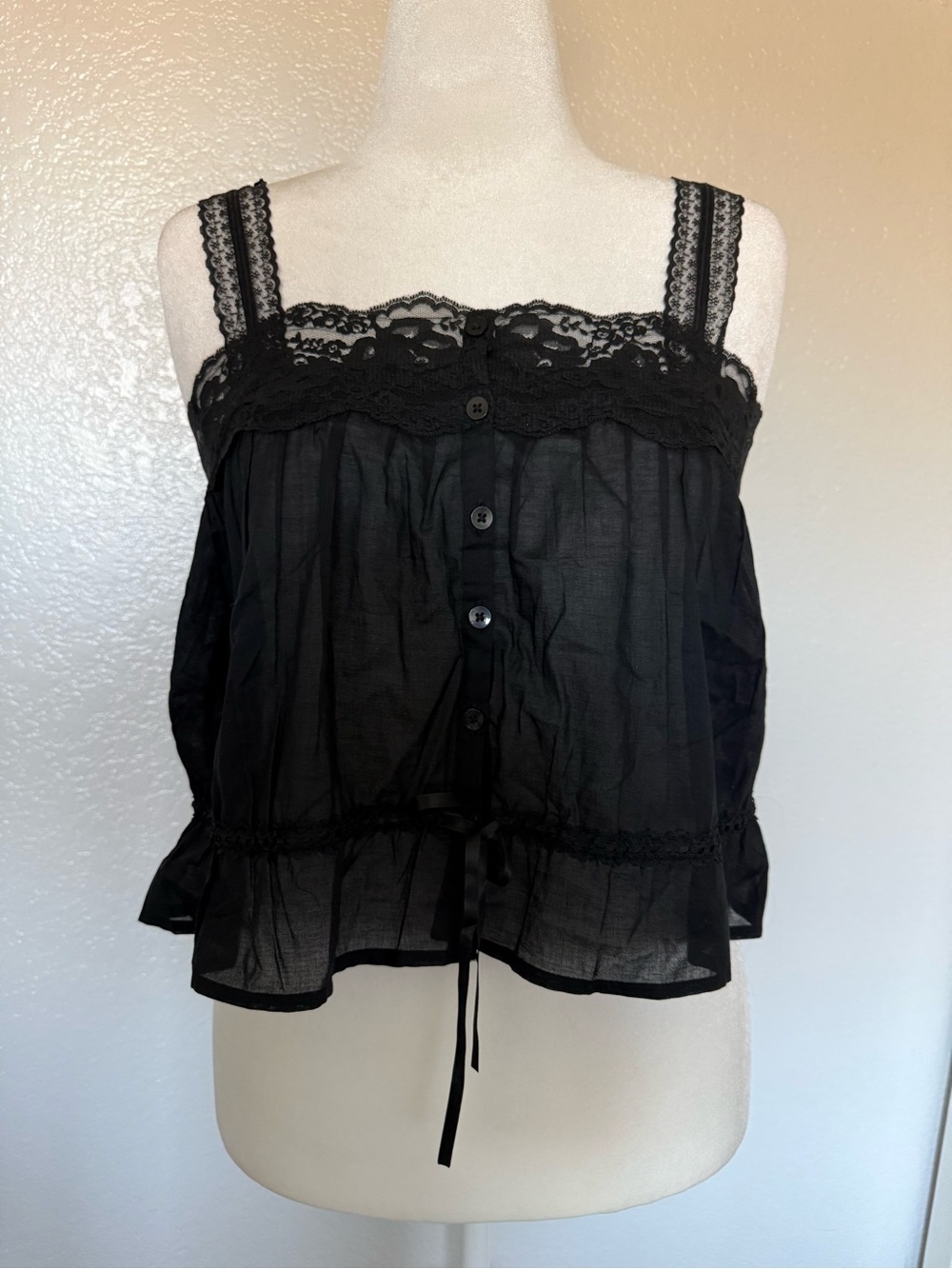 NWT Abercrombie Black Lace-Trim Button Front Women's Tank Top